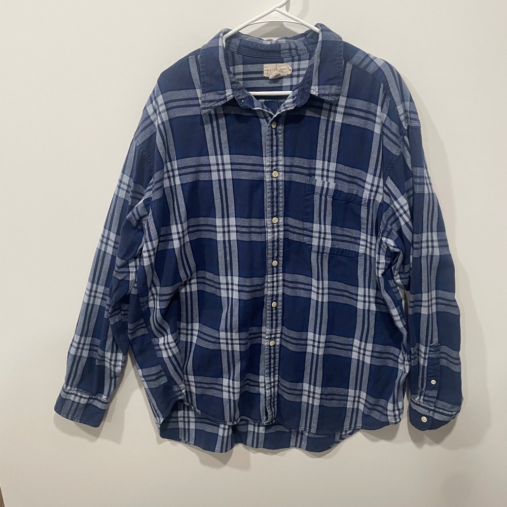 J Crew Oarsman VTG Mens Navy Blue Plaid Long Sleeve Button Down Shirt Size XL